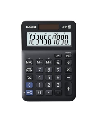 Casio Calculadora MS-10F, 10 Dígitos, Cálculo de Impuestos, Conversión de Moneda, Cambio de Signo, Energía Solar/Batería