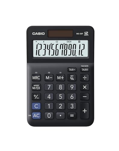 Casio Calculadora MS-20F, 12 Dígitos, Cálculo de Impuestos, Conversión de Moneda, Cambio de Signo, Energía Solar/Batería