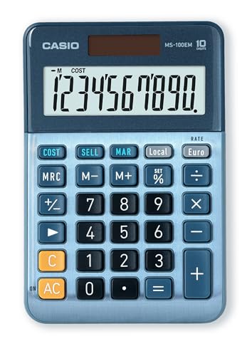 Casio MS-100EM - Calculadora de escritorio con pantalla extra-grande de 10 dígitos, con energía solar / batería, con cálculo avanzado de porcentaje, conversión de moneda en euros, azul