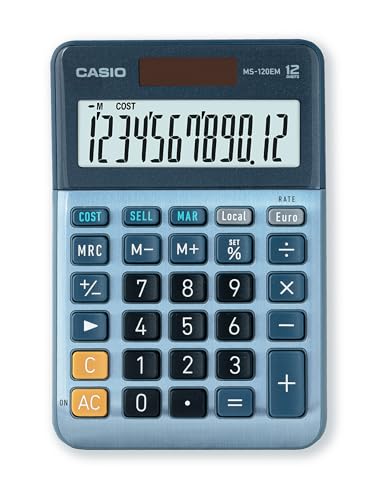 Casio MS-120EM - Calculadora de escritorio con pantalla extra-grande de 12 dígitos, con energía solar / batería, con cálculo avanzado de porcentaje, conversión de moneda en euros, azul