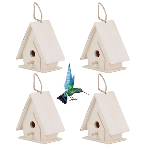 Casitas de madera para pájaros para pintar y decorar, 4 piezas de Mini Nidos de Pájaros Colgantes de Madera, Decoración de Casa para Pájaros de jardín, Casitas para Pajaros Exterior