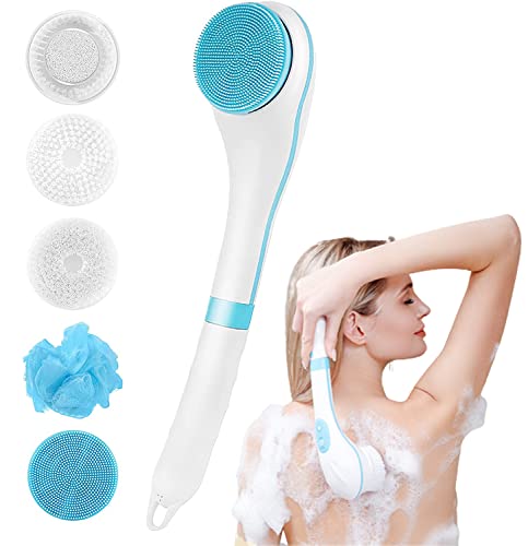 Cepillo de Ducha Corporal Eléctrico, Eléctricos Cepillo Baño Espalda con Mango Largo,Multifunción con 5 Puntas Exfoliantes,Cepillado Seco y Húmedo,Para Exfoliación, Limpieza de Cutis y Masaje (Azul)