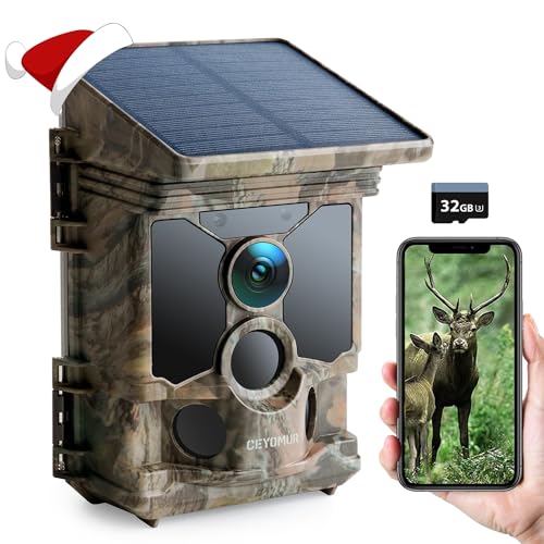 CEYOMUR 46MP Cámaras de Caza Solar 4K 30fps WiFi Bluetooth con Ángulo de Detección de 120°, Visión Nocturna, IP66 Impermeable para Monitoreo de Vida Silvestre con Tarjeta Micro SD 32GB