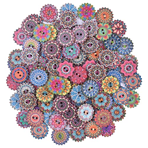 Chstarina 100 Piezas Botones de Madera aleatorios Mixtos Retro de 20 mm Botones de Flores con 2 Agujeros para Coser Decoraciones artesanales de Bricolaje (Botones de Flores)