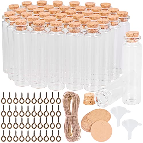 Cieex 40 tubos de ensayo de cristal con corcho, 20 ml, mini botellas de cristal con 40 colgantes de papel de estraza de 10 m, cuerda de cáñamo, 2 embudos, accesorios de fiesta, decoración