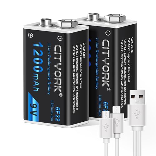CITYORK Batería recargable de 9 V, 1200 mAh de alta capacidad 6F22 baterías de iones de litio con cable USB de baja autodescarga (paquete de 2)
