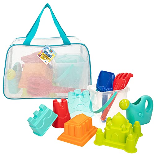 COLOR BEACH - Bolsa Juguetes de playa y arena para niños, Cubo arena, Ø18 cm, cedazo, pala, rastrillo, regadera, moldes arena, COLORBABY, +18mese (49272)