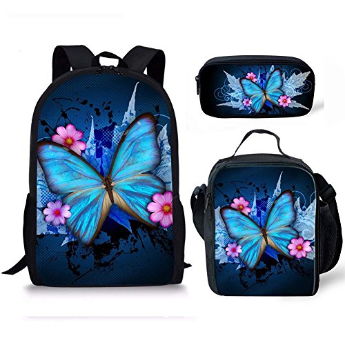 Coloranimal Juego de 3 mochilas escolares para niños con aislamiento térmico térmico y bolsa de almuerzo cálida con cremallera, portalápices de lona, diseño de mariposas