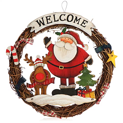 COM-FOUR® Corona de Navidad Trenzada - Corona de Puerta Welcome - Decoración navideña para Colgar - Aprox. Ø 31 cm (Papá Noel - L)