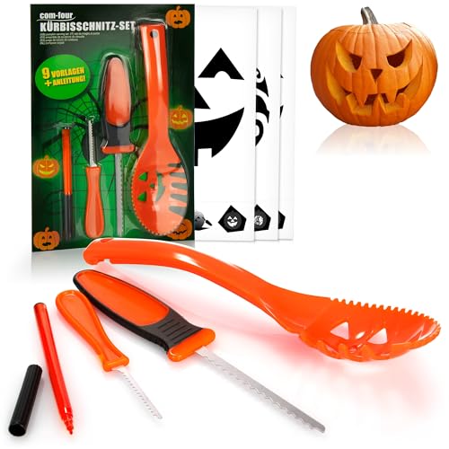 COM-FOUR® Juego de 13 piezas para tallar calabazas para Halloween - Herramientas de corte para ahuecar calabazas - cuchillo, cuchara, lápiz y plantillas (naranja sin LED)