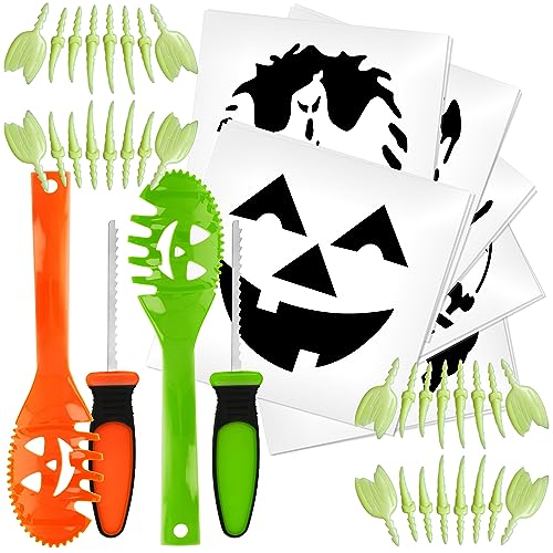 COM-FOUR® Juego de 48 piezas para ahuecar y tallar calabazas para Halloween - con cuchara para calabaza, cuchillo para trinchar, plantillas para tallar y dientes artificiales (48 piezas - con dientes)