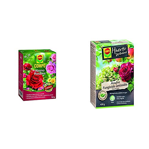 Compo Abono para Rosales Apto también para Otras Plantas de Flor, Envase estanco, Granulado, para 20-25 Plantas, 750 g, 2655102011 + Azufre fungicida Anti oídio, Microgránulos solubles en Agua