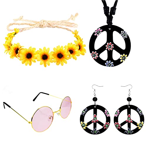 Conjunto de Disfraz Hippie para Mujer y Hombre, 4 Piezas Accesorios de Disfraz Retro Estilo Años 60 y 70, Collar y Pendientes con el Signo de la Paz, Diadema, Gafas de Sol para Trajes de Fiesta