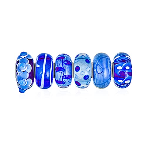 Conjunto Mixto De .925 De Plata De Ley De Núcleo Translúcido Tonos De Azul De Cristal De Murano Lámpara De Remolino De Trabajo 3Dflower Charm Bead Espaciador Encaja Pulsera Europea Adolescente