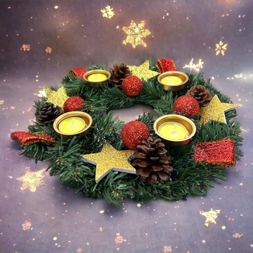 Corona de Adviento artificial, corona de Adviento para velas de té, decorada con piñas, estrellas con purpurina, bolas de purpurina, cintas con 4 portavelas de 30 cm de diámetro