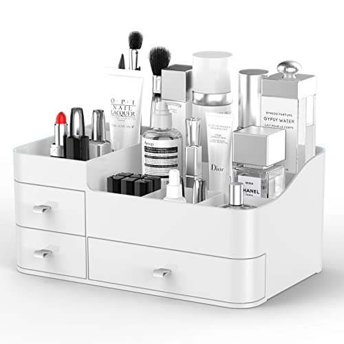 COSFAN Organizador de maquillaje para tocador, caja de almacenamiento de cosméticos con cajón, artículos para el cuidado de la piel, organizador de baño, encimera (Blanco)