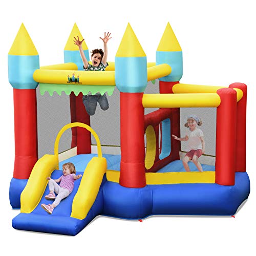 COSTWAY Castillo Hinchable con Tobogán, Castillo Inflable de 301x313x165cm para Niños de 3 a 10 años, con 100 Bolas Oceánicas, Kit de Reparación y Bolsa de Transporte para Parque Jardín(Sin Soplador)