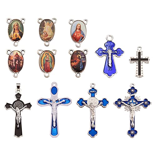 Craftdady 12 colgantes de crucifijo de cruz de Jesucristo, dijes de esmalte de aleación religiosa con 12 piezas ovaladas de componentes de araña para hacer joyas