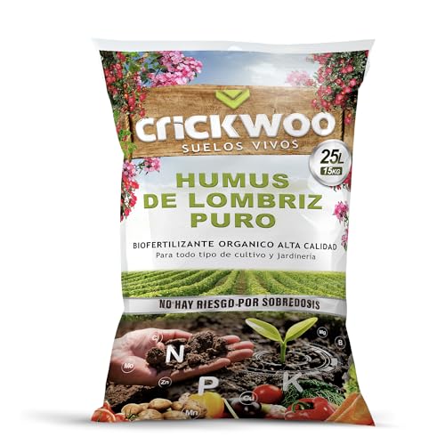 Crickwoo - Humus de Lombriz para Plantas Puro. El Mejor Abono Natural, 25L / 15KG, Fertilizante Universal Orgánico, Rico en microorganismos efectivos para Cualquier Tipo de Cultivo