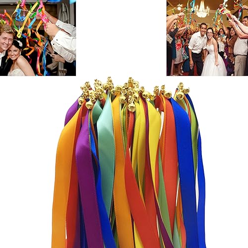 CTAKPOWE 50 Piezas Varitas De Boda, Serpentinas, Cinta Palos de Seda, Varitas de Cinta con Campanas, bengalas para Bodas, Magica Cinta Wedding Wands para Cumpleaños, Navidad, Fiestas