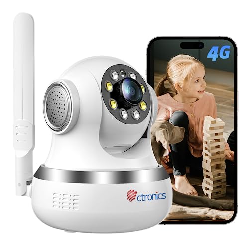 Ctronics 3G/4G LTE Cámara de Vigilancia Interior con Tarjeta SIM, 360° PTZ IP Cámara de Seguridad Inalámbrica, Detección Humano, Seguimiento Automático, Visión Nocturna en Color, Audio Bidireccional