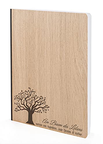 Cuaderno con tapa de madera en A5 – Árbol de la vida – cuaderno de madera auténtica para escribir sobre la tapa de madera, 192 páginas en blanco, 90 g, tipo de madera: roble