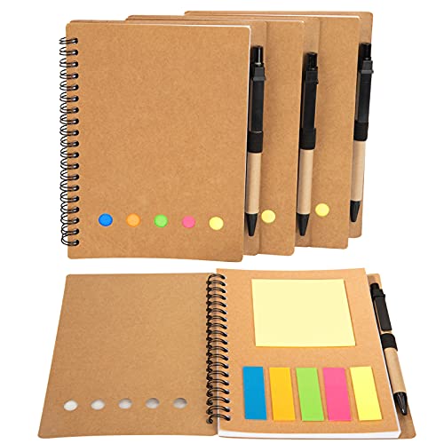 Cuadernos en Espiral Kraft Papel con Bolígrafo y Notas Adhesivas y Marcadores de Página de Índice de Colores para Oficina Trabajo, Hogar o Vacaciones Paquete de 4