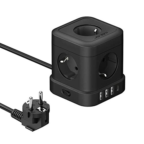 Cube Regleta Enchufe con USB,JSVER Regleta Cube 5 Tomas con 4 USB Puertos(5V/3,4A (17W)) Alargadera Electrica para el hogar, la Oficina y los ViajesCable 2 m Negro