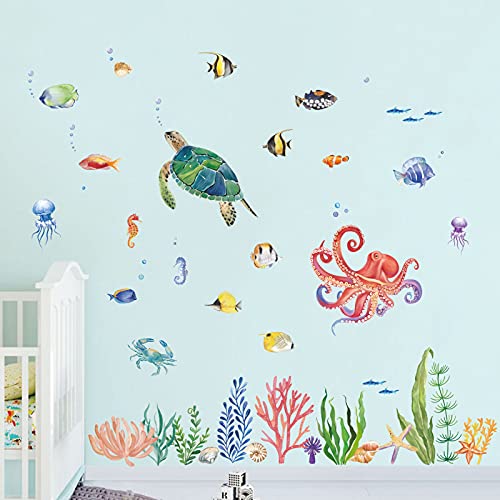 decalmile Pegatinas de Pared Acuarela Bajo el Mar Vinilos Decorativos Tortuga Tropical Peces Adhesivos Pared Habitación Infantiles Habitación Infantiles Bebés Guardería Baño