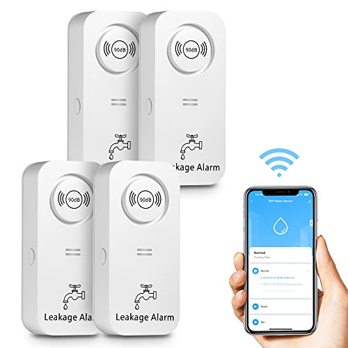 Detector de Fugas de Agua WiFi (WiFi 2.4G), Alarma de Sensor de Agua de 90 dB y Alerta de aplicación, Alarma inalámbrica de Detector de Fugas para tuberías, cocinas, baños, sótanos (Paquete de 4)