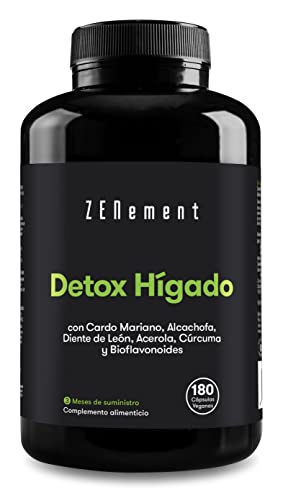 Detox Hígado, con Cardo Mariano, Alcachofa, Diente de León, Acerola, Cúrcuma y Bioflavonoides, 180 Cápsulas | Depurativo, antioxidante, mejora la digestión | Natural, Vegano, No-GMO | Zenement