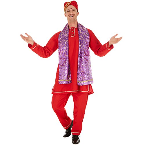 Disfraz para Caballero Indio Bollywood | Precioso Kurta con Tira de Botones | Incl. Chal Elegante y Turbante de Diseño Extravagante (L | No. 301027)