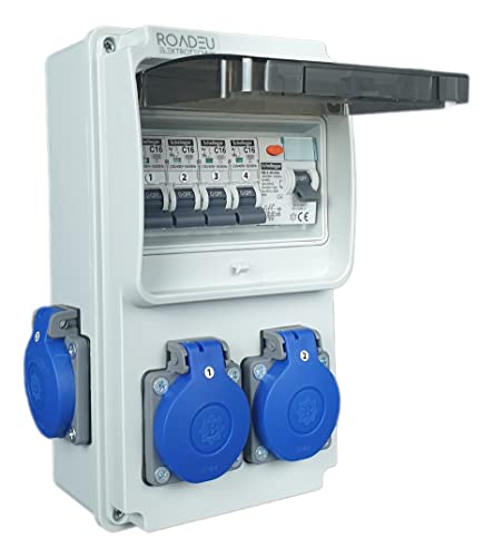 Distribuidor de corriente de pared 4 x 230 V Schuko con interruptor diferencial 25 A y interruptor de protección C16A. Distribuidor de corriente para interiores y exteriores, talleres y fábricas IP44