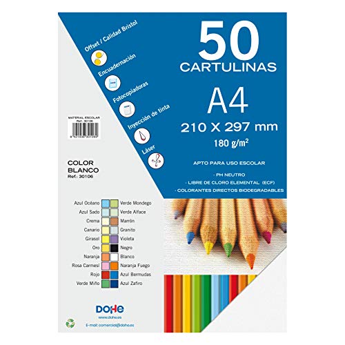Dohe - Pack 50 Cartulinas A4 - Color Blanco - Peso: 180 g/m2 - Material escolar - Material de oficina
