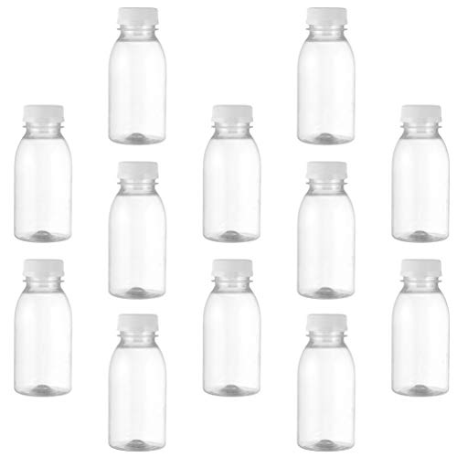 DOITOOL Botellas de Jugo de Plástico de 12 Piezas Envases Transparentes Desechables Reutilizables con Tapas a Prueba de Manipulaciones Tapas para Jugo Leche Y Bebidas Limonadas 250 Ml