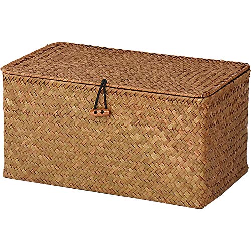 DOKOT Seagrass Cestas Mimbre Decoración Cesto de Almacenaje con Tapa Rectangular Tejido de Ratán Caja con Tapa (Mediano 30cmx18cmx15cm H)