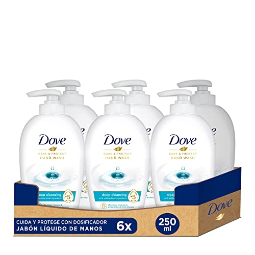 Dove Jabón Líquido de Manos Cuida y Protege con Ingredientes Antibacterianos y 5 Hidratantes, Pack de 6 x 250 ml