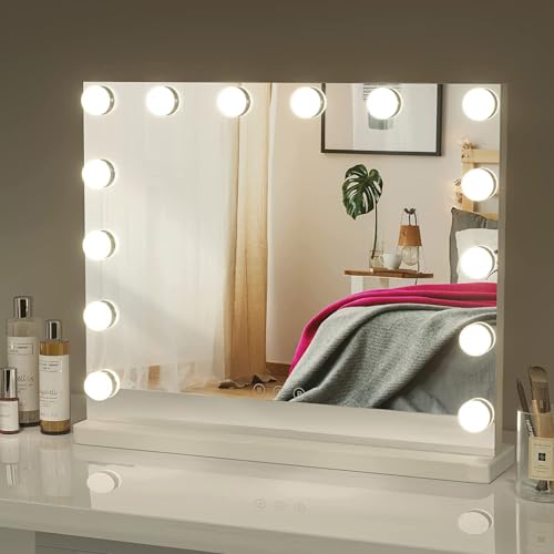 Dripex Espejo Maquillaje con Luz, 50 x 42 cm, 14 Bombillas LED, 3 Modos de Luz, Control Táctil, Función de Memoria, con Espejo de Aumento 10X, Espejo Tocador LED