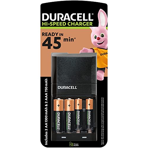 Duracell - Cargador de pilas recargables AA y AAA de carga super rápida en 45 minutos, incluye 2 pilas recargables AA + 2 pilas recargables AAA. Modelo CEF 27 de baterías recargables