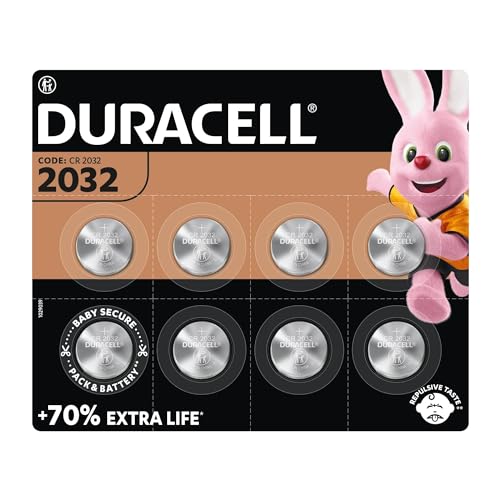 Duracell - Pilas de botón de litio 2032 de 3 V, paquete de 8, con Tecnología Baby Secure, para uso en llaves con sensor magnético, básculas, elementos vestibles, dispositivos médicos (DL2032/CR2032)