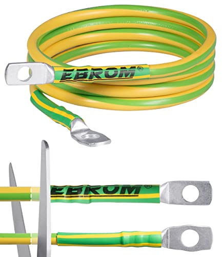 EBROM Cable de tierra de 3 m H07V-K 16 mm² verde/amarillo – Longitud: 3 metros + terminales de cable ojal de anillo M8 (8 mm) y M10 (10 mm) – Fabricado en Alemania – 16 mm2 apto para crucero
