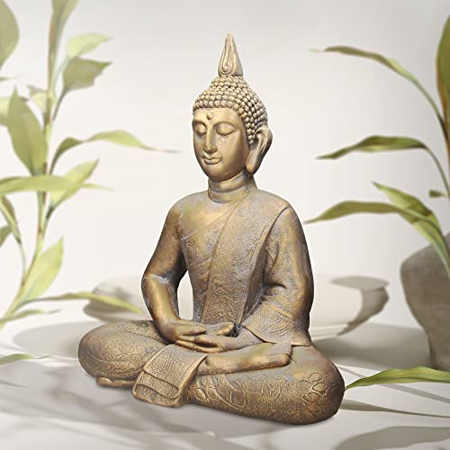 ECD Germany Estatua de Buda Sentado Figura de Piedra Artificial Poliresina 63 cm Bronce Escultura Estilo Asiatico Figurilla Decorativa Feng Shui de Adorno para el Hogar y Jardín Interior Exterior