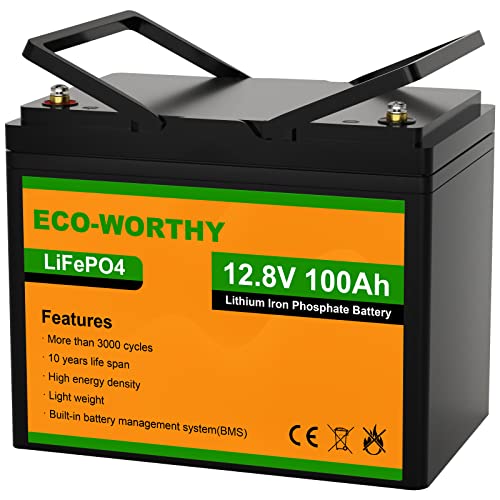 ECO-WORTHY Bateria Litio 12V 100Ah Bateria Lifepo4 con Protección BMS y 3000 Ciclos, Protección Contra Bajas Temperaturas, para Autocaravana, Sistema Placa Solar, Barco, Hogar, Kit Solar, Camping