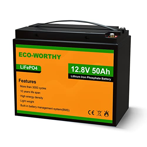 ECO-WORTHY Bateria Litio 12V 50Ah Bateria LiFePO4 Energía de Emergencia con más de 3000-15000 de Ciclo Profundo y Protección BMS para el Kit Placa Solar, Hogar, RV, Carritos de Golf, Marina
