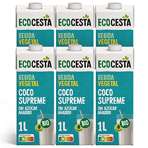 Ecocesta - Pack de 6 Unidades de 1 L de Bebida Ecológica Vegetal de Coco Supreme - Sin Azúcar Añadido y Sin Gluten - Apto para Veganos - Ideal para Tomar Sola, con Café o en Batidos