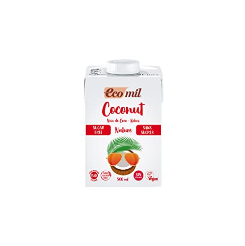Ecomil Leche de coco Bio 500ml.Sin lactosa, sin gluten, sin azúcares, sin soja, sin huevo, sin azúcares añadidos, sin proteína láctea y con bajo contenido en sal