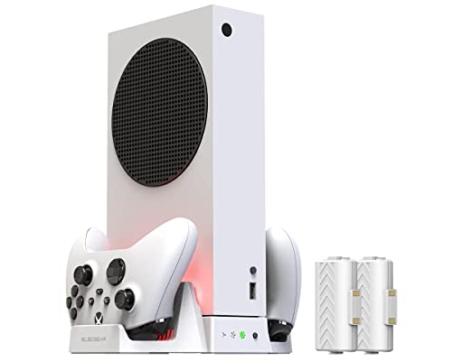 ElecGear Soporte Vertical y Ventilador de Refrigeración para Xbox Series S, 2X Batería Recargable y Base de Cargador Dual para Controlador Xbox, Estación de Carga del Mando con Luces LED y Puerto USB