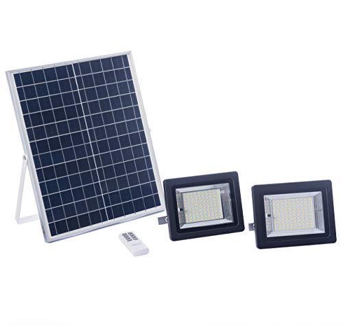 ELEDCO Focos LED Exterior Solares 100W, Luz Exterior Doble con Panel Solar, Batería, Mando a Distancia, Autonomía 8-15 Horas (2 Focos, 100W, Luz Neutra 4000K)