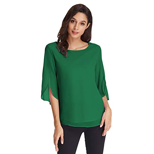 Elegante Mujer Cuello Redondo Camiseta Blusa Ancha para Primavera Verano Verde Oscuro 2XL Claf15-9