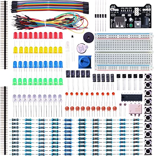 ELEGOO Kit de Componentes Electrónicos con Placa de Prototipos, Resistencias, Leds, Condensadores, Potenciómetro, para Kit de Aprendizaje UNO R3, Mega, Compatible con Arduino IDE